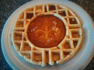 Yes, that's a waffle with a New Orleans Saints logo.Welcome to Louisiana!